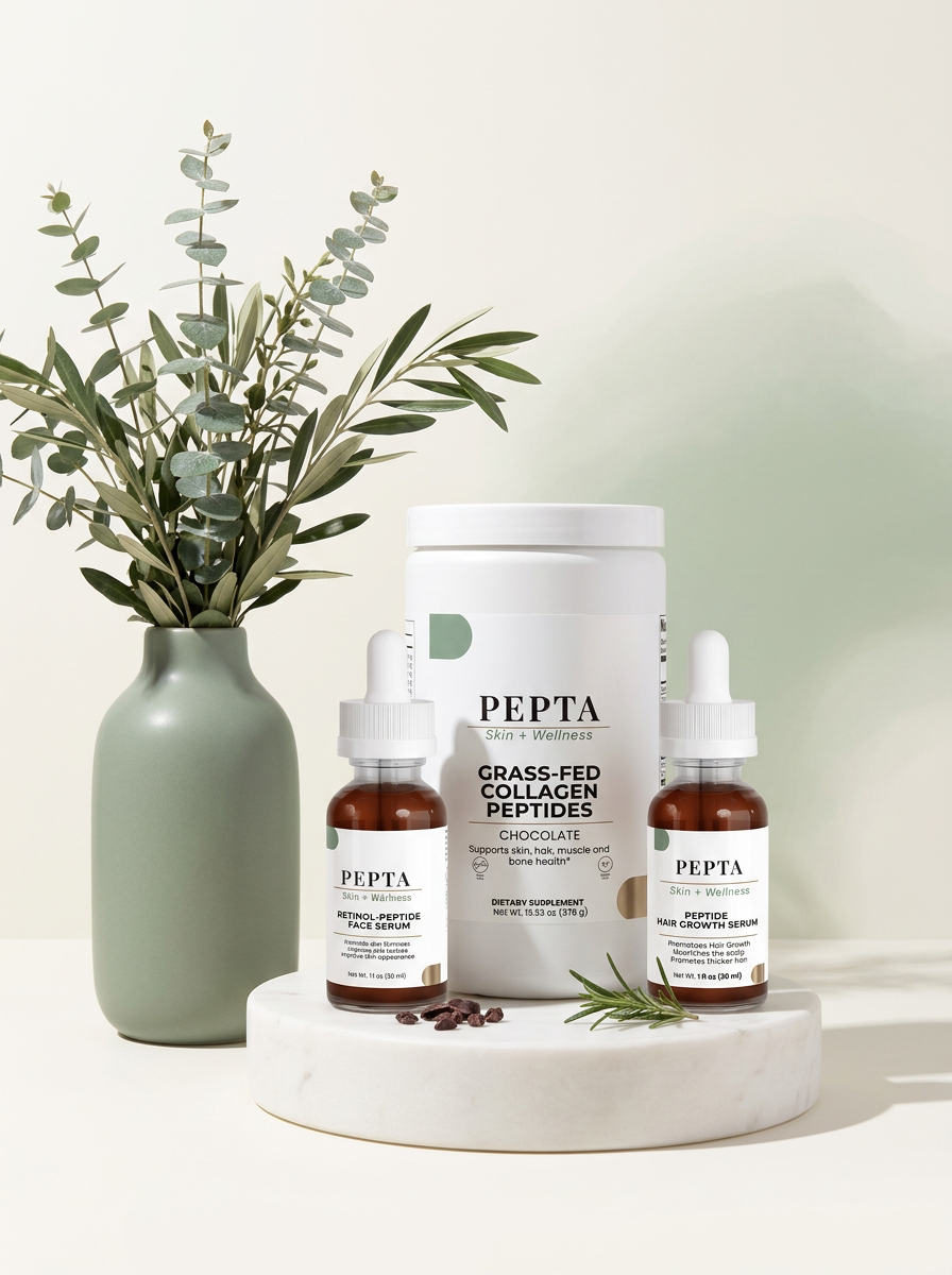 PEPTA Retinol-Peptide Face Serum and Grass-Fed Collagen Peptides on a stone pedestal with sage botanicals